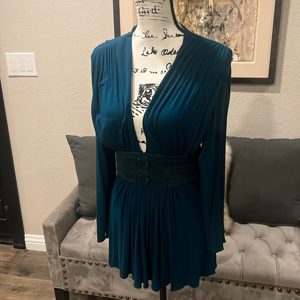 Royal blue blouse with built in leather belt